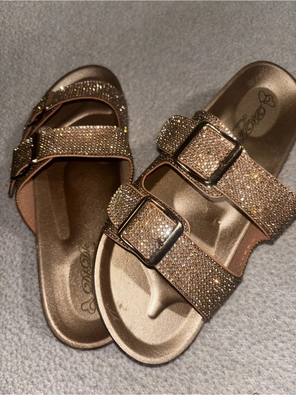 Embellished Double-Buckle Slide Sandals in Champagne